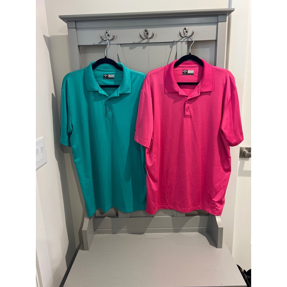 Two Callaway Opti-Dri Mens Polo Golf Performance Shirts Pink Green Size L Flaw
